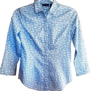 New York & Co. Stretch Blue and White Print 3/4 Sleeve Button Front Shirt XS